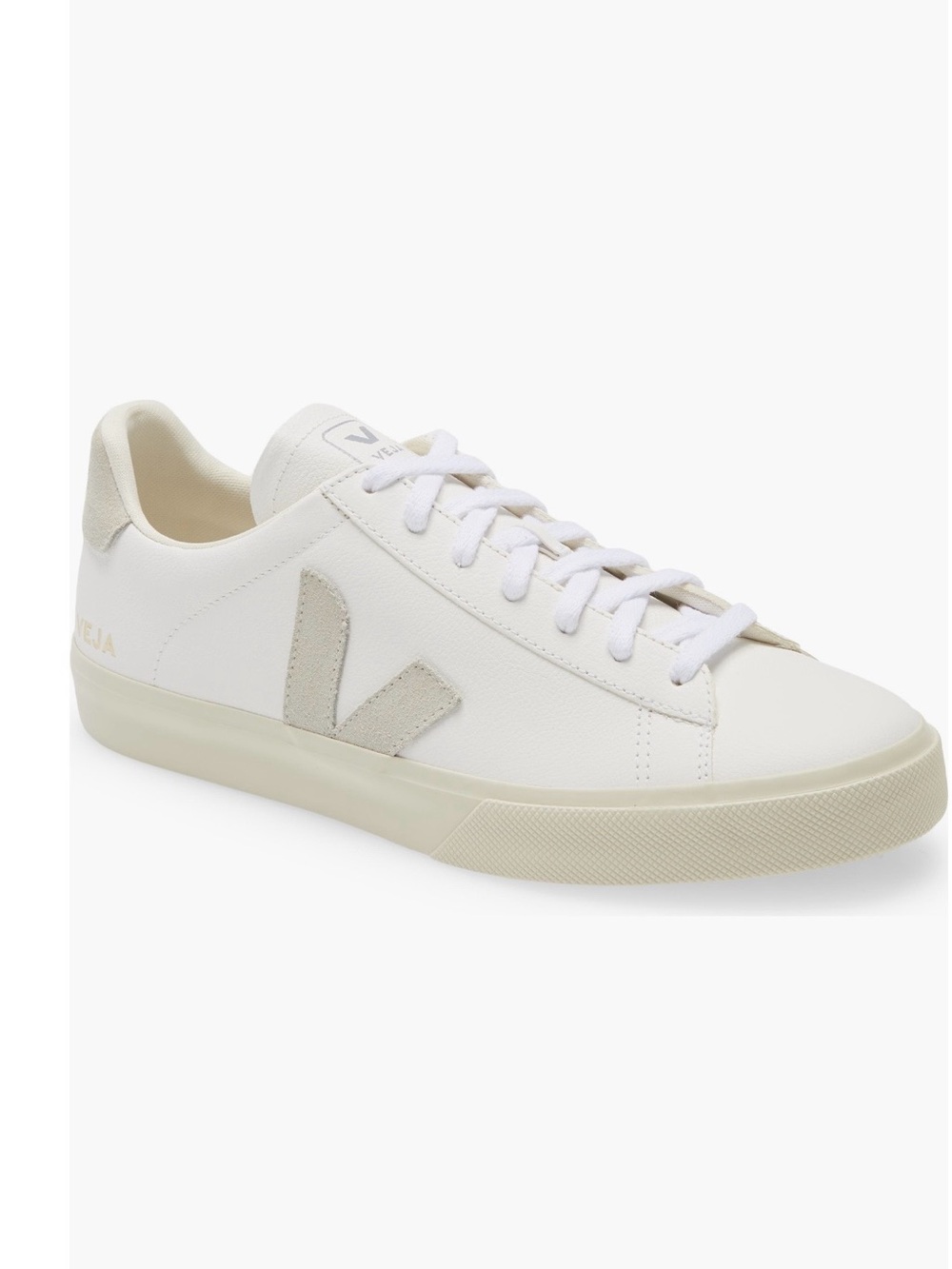Veja Men's White Leather Low-Top Sneaker with Beige V Logo